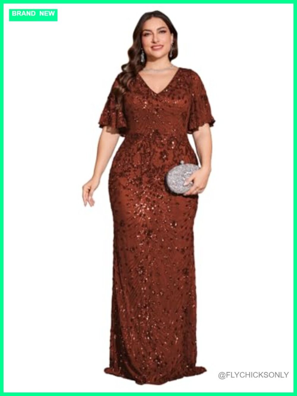 Plus Size Mermaid Evening Gown Sequin Flutter Sleeve Formal Dress